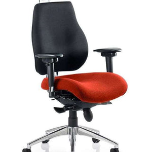 Showing Tabasco Orange coloured foam padded seat with black foam padded backrest with curved padded adjustable headrest for best fit , with polished chrome 5 star base.