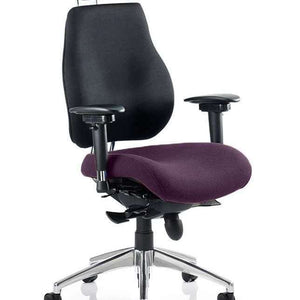 Showing Tansy Purple foam coloured padded seat with black foam padded backrest for extra comfort  and adjustable padded headrest for best fit. and polished chrome 5 star base.