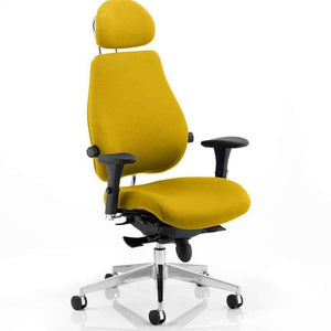 Showing the senna yellow cloloured padded foam seat and backrest with the padded height adjustable headrest to ensure best fit . with polished 5 star base.