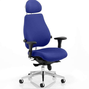 Showing stevia blue coloured fabric contoured  foam seat and backrest  and adjustable padded headrest to ensure best fit.