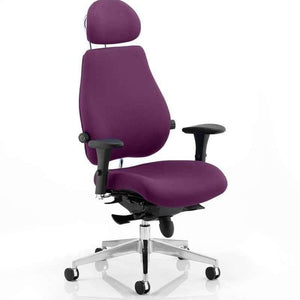 Showing the Tansy Purple coloured foam seat and backrest with curved padded headrest to ensure best fit. with polished 5 star chrome base.