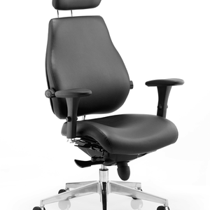 Right angle of the black leather foam seat and backrest with padded cueved headrest for extra comfort and polished chrome 5 star base.