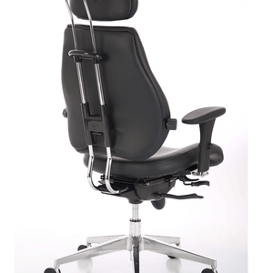 Back side view of the black leather foam seat and backrest with dual curved chrome support posts, and adjustable height levers and polished 5 star base .