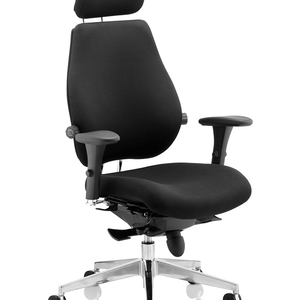 Sde view of the black fabric contoured  foam seat and backrest with armrests and polished chrome 5 star base.