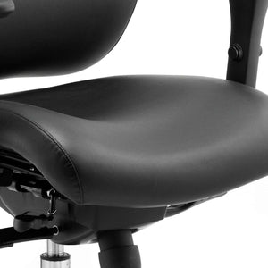 Close up of the leather foam contoured seat  with armrest and lever. for the chiro plus ultimate home office chair.