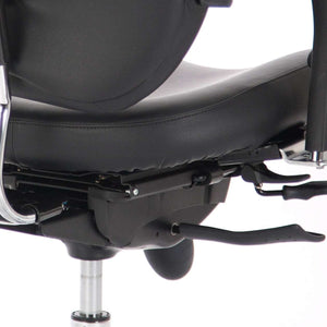 Close up of the adjustable levers and contoured foam padded seat and backrest.