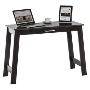 Cinnamon cherry trestle home office desk with stationary drawer. 45 degree angle.