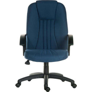 city fabric home office chair. front view of the blue fabric, with sturdy black nylon base.