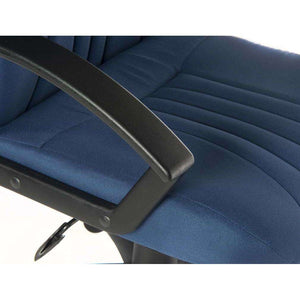 city fabric home office chair. with sturdy black nylon arms at a 45 dgree angle and height adjustment lever. and blue fabric seat.