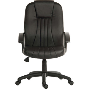 city leather faced executive chair. front on. black leather home office chair. with a nylon arms and swivle base. 