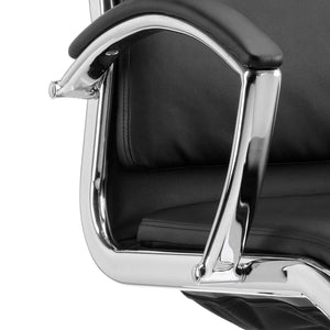 Close up of the black leather chair with padded fixed frame and armrests, in chrome.