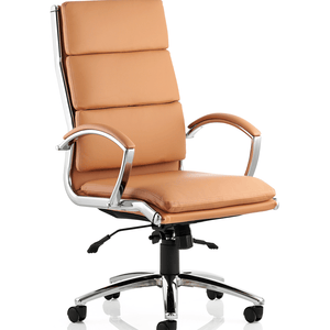 Showing the classic executive home office high back , chair in tan coloured in soft bonded leather, with waterfall front , with generous seating for day long comfort.with two levers for infinite  lock postition, with solid robust frame , chrome 5 star base with castor wheels.