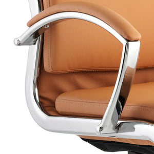 Close up of the tan coloured padded with polished chrome arms.