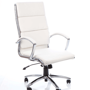 Showing the classic -executive home office chair, in white soft bonded leather, with contoured seat, generous seating proprtions for day long use, with waterfall front . two levers for infinite lock any position,robust frame and matching srmrest for the 5 star chrome base.