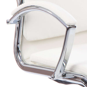 Close up of the white executive home office chair padded armrest in chrome .