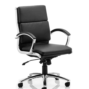 Showing the medium backed classic soft bonded leather chair, with generousseating  proportion  deeply padded for day long comfort. with padded arm rest with chrome arms and matching chrome 5 star base .