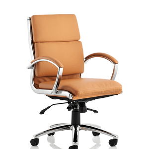 Showing the medium backed tan coloured soft bonded leather contoured seat ,generous seating for day long comfort. paddedchrome armrests. with matching chrome 5 star base with castor wheels.