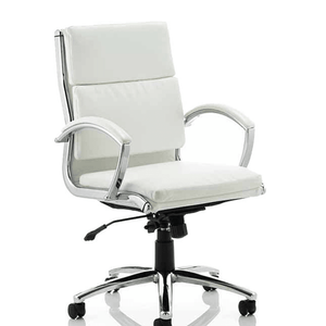 Showing the white medium back ,sodt bonded leather chair , with padded leather chrome armrests, chrome 5 star base .