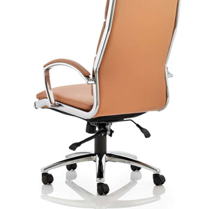 Side view of the tan coloured soft bonded leather chair, with chrome 5 star base