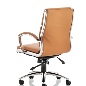 Right angle of the tan high backed soft bonded leather chair, with chrome 5 star base .