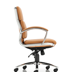 Left side view of the tan coloured medium backed chair with padded chrome armrests. and chrome 5 star base.