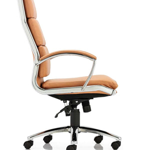 Side view of the tan coloured soft bonded leather chair,  with chrome 5 star base.