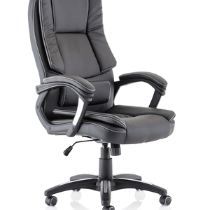 Side view of the black dekota execttive home office chaie with distinctive contrast  white stitching  detailed silver arm styling.deep upholstery and upholstered arm padding.. waterfall seat front. 5 star  security base. and gas auto tension.