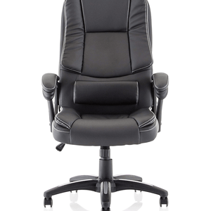 Front view of the black faux leather home office chair , with distinctive contrast white stitching  and detailed silver arm stylimg. deep upholstery . upholsterd armrests. waterfall seat front and 5 star  security base with gas auto tension.