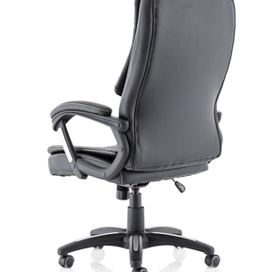 Showing side view back of the faux leather office chair with 5 star base with twin castor wheels.