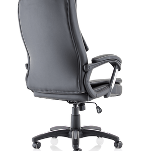 Back view of the faux leather executive home office chair, with detailed stitching,upholstered armrests with siver styling. and 5 star base with twin castor wheels.