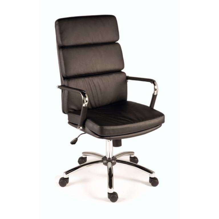 deco executive faux leather home office.in black faux leather, high comfortable padded backrest matching arm covers, recline function ,seat adjustment lever,gloss chrome arms and 5 start base. up to 110kg, and 8 hours of use a day.