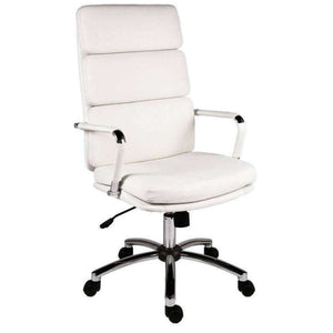 deco executive faux leather home office chair. In white faux leather, with high comfortable padded backrest and matching arm covers, in gloss chrome arms and 5 star base, with recline function, with upto 110kg and up to 8 hours of use a day.