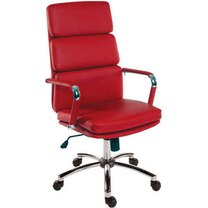 deco executive faux leather home office chair in faux red leather, with padded backrest and matching arm covers recline function. with gloss chrome arms and 5 star base, upto 110kg and upto 8 hours of use per day.