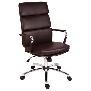 deco executive faux leather home office chair. In faux leather in brown, with padded backrest and matching arm covers recline function. and seat adjustment in gloss chrome arms and 5 star base. up to 110kg and 8 hours of us a day.