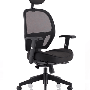 Showing curved mesh back and contoured seat for comfort and support in black fabric, with armrests. and showing the 5 star base with castor wheels.