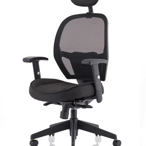 Right angle of the mesh backed denver home office chair with 5 star base with castor wheels.