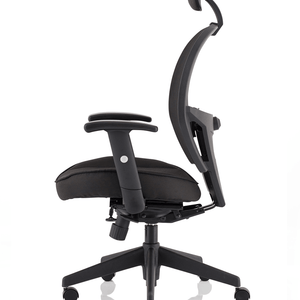 Side view of the denver meshed chair, with headrest, height adjustable arms. cushioned dished seat and contoured backrest.5 star base .