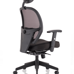 Side view of the denver mesh back denver home office chair with lumbar support,adjustable armrests, 5 star base with castor wheels.