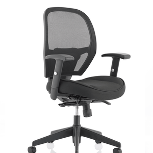 Right angle of the denver home office chair with contoured  mesh backrest with adjustable armrests, cushioned dish seat for comfort and support. with 5 star base. and castor wheels. without headrest.