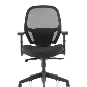 Closse up of the back view of the denver  mesh back home office chair without headrest. cushioned dished seat , adjustable armrests. and 5 star base.