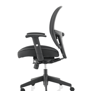 Side view of the denver mesh back contoured home office chair  with adjustable arm rests and 5 star base with castor wheels.