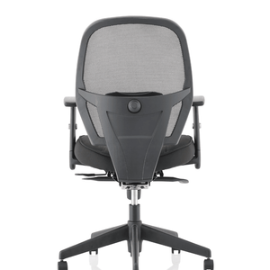 Showing back view of the mesh backed home office chair with lumbar support cushioned dish seat adjustable armrests and 5 star base with castor wheels.