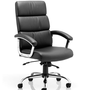 Showing the desire executive home office chair with  deep panel backrest in soft bonded leather,and cushioned seat with matching chrome 5 star base and arms, fixed arms with cushioned arm pads.