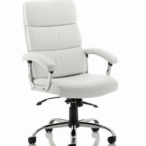 Showing white soft bonded leather desire executive home office chair  with matching 5 star chrome base and arms with cushioned armrests. 