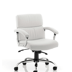 Showing the medium executive home office chair in white soft bonded leather, cushioned panel backrest. deep cushioned seat and  fixed chrome and cushioned armrest. with matching chrome 5 star base. twin lever lock mechanism.