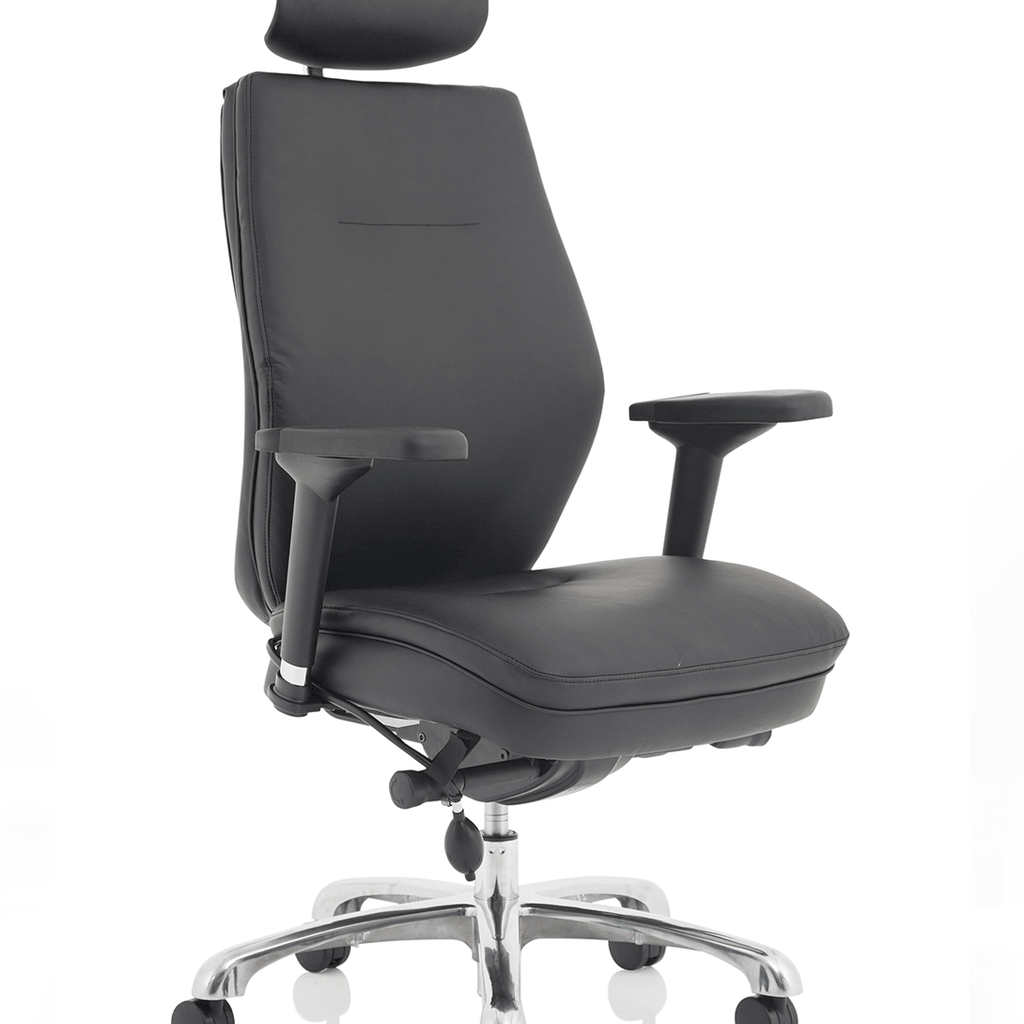 The domino chiar has a contoured backrest,cushioned dish seat , with headrest in  black leather, and adjustable  in flating  lumbar support. with chrome 5 star base.