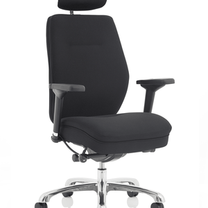 Side view of the Domino home office chair, with headrest. contoured backrest pocket sprung conoured seat in black fabric. with 5 star chrome base.