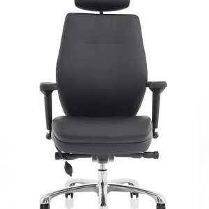 Front view of the leather domino office chair ,with headrest, chrome 5 star base.