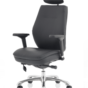 Side view of the domino home office chair. with headrest , contoured backrest and  pocket sprung  padded seat. with 5 star chrome base.