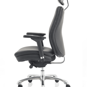 Side view of the black leather domino home office chair , with contoured backrest and pocket sprung cushioned seat. with chrome  5star base with castor wheels.